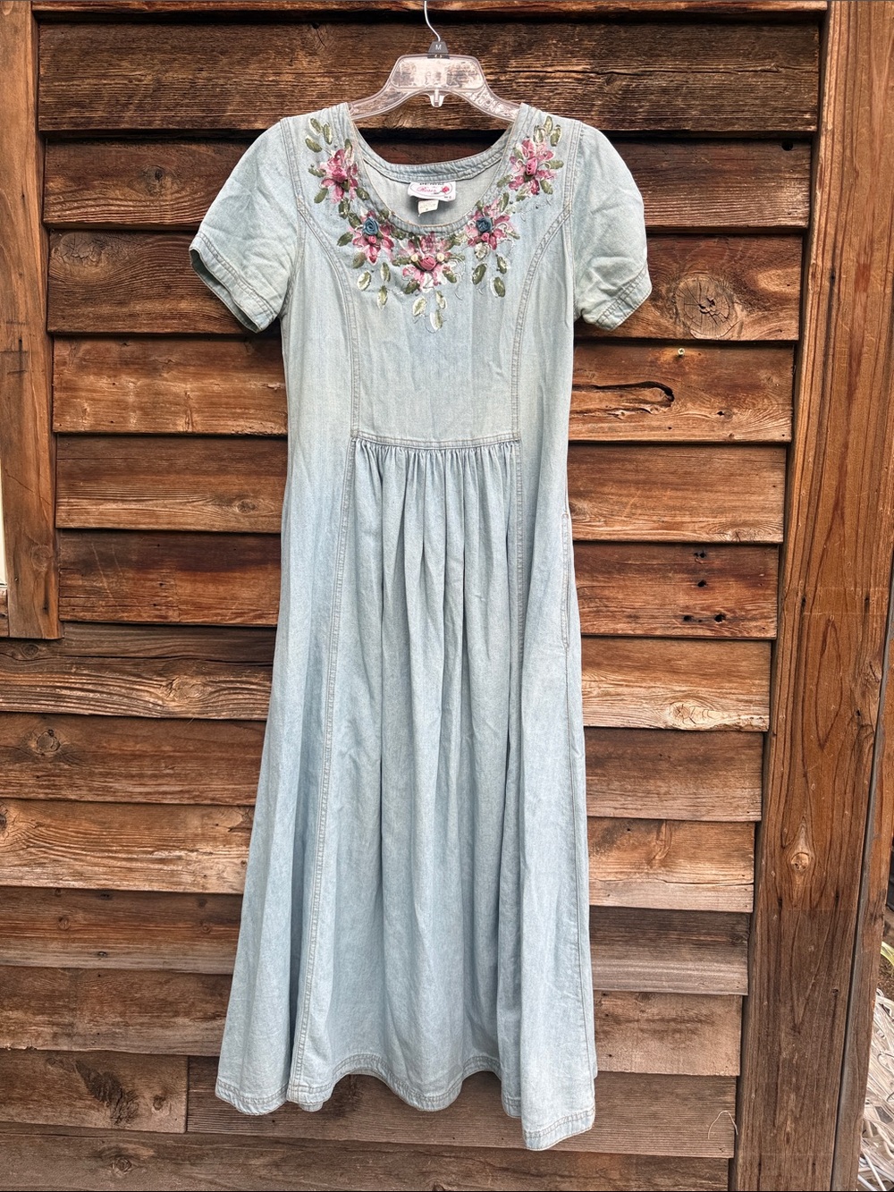 Denim n roses 90s vintage denim embroidered dress with pockets